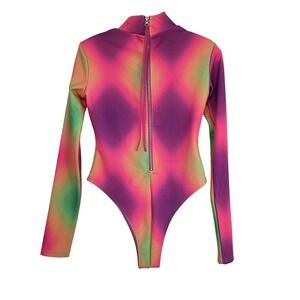 Club Exx Neon Ombre Argyle Long Sleeve Zip Front Bodysuit Small Rave Festival